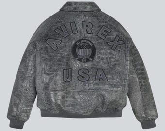 Avirex Grey Crocodile Leather Bomber Jacket for Men – Genuine Cowhide American Varsity  & Streetwear Style coat