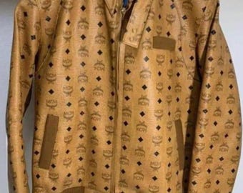 MCM Monogram Luxury Brown Bomber Leather Jacket, Designer Streetwear Biker Coat