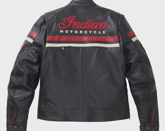 Men's Indian Motorcycle  Leather Jacket, Genuine cowhide & Biker Cafe Racer Coat