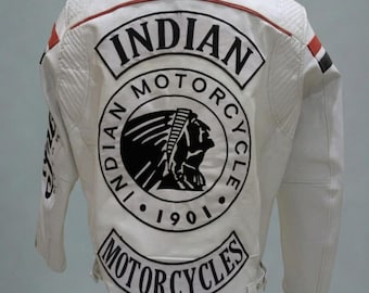 Indian Motorcycles Riding Motorbike Racing Jacket | Genuine White Leather | Embroidered Logos | CE Protectors