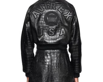 AVIREX USA Black Croc Leather Cropped Bomber Jacket Women's Fashion