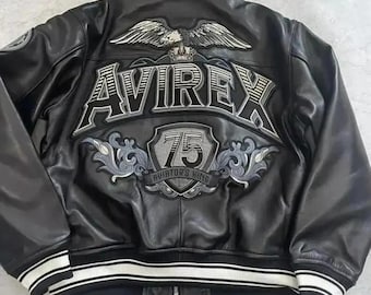 アビレックス75周年記念ボンバージャケット、刺繍入りイーグル、本革カウソフト、ハンドメイド
