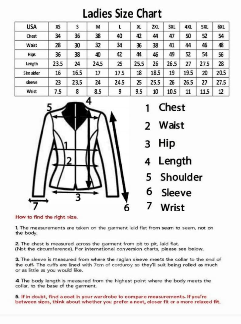 May include: A ladies' size chart with measurements in inches for chest, waist, hips, length, shoulder, sleeve, and wrist. A diagram illustrates how to measure a jacket for accurate sizing. The chart includes sizes XS to 6XL.