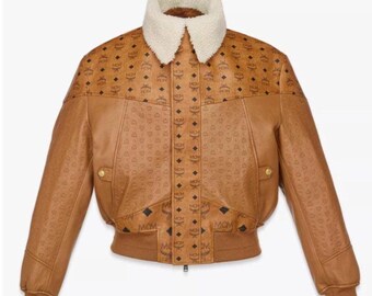 MCM Style Shearling Leather Bomber Jacket  – Brown Monogram Aviator Coat