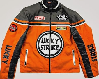 Lucky Strike Orange Mesh Motorcycle Jacket, CE Protections, Biker Coat, Motul jacket