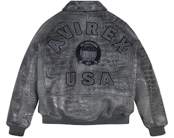 Avirex Leather Bomber Jacket, Distressed Croc Pilot Style, Genuine Handmade USA