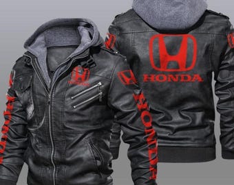 Honda Black Cowhide Leather Biker Jacket with Hoodie, Racing Style