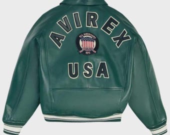 Avirex Green Leather Jacket, Genuine Cowsoft Streetwear Coat