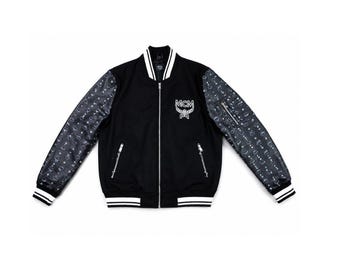 MCM Style Varsity Bomber Jacket Men Black Leather Sleeve Streetwear Baseball Jacket Retro Fashion Coat