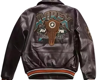 Chaqueta bomber de cuero Avirex Buffalo Legends para hombre – Abrigo retro de aviador estilo universitario de piel de vacuno auténtica