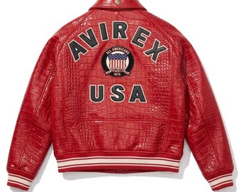 Avirex Red Croc Leather Jacket, Genuine Cowsoft Streetwear Coat