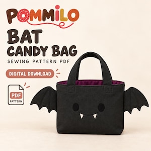 May include: A black fabric tote bag shaped like a bat with two handles, black circular eyes, a curved mouth, and two white fangs. The text reads POMMILO BAT CANDY BAG SEWING PATTERN PDF DIGITAL DOWNLOAD. The bag has a purple interior lining.