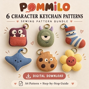 May include: A digital sewing pattern bundle titled POMMILO 6 CHARACTER KEYCHAIN PATTERNS. It features six fabric keychain designs: a purple monster, a green one-eyed creature, a striped sock, a blue stingray, a cookie, and a yellow flower.