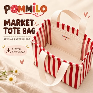 May include: A rectangular market tote bag featuring vertical red and white stripes with cream-colored handles. The interior includes a cream-colored pocket with a Pommilo brand label. Text reads Pommilo Market Tote Bag Sewing Pattern PDF.