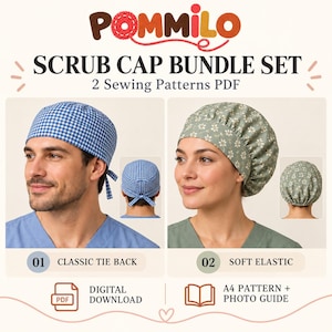May include: A digital PDF sewing pattern bundle for two scrub caps from Pommilo. One cap features a blue and white gingham print with a tie-back closure, and the other is a sage green cap with a white floral print and an elastic back.
