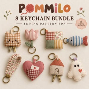 May include: A digital sewing pattern PDF for an 8 keychain bundle by POMMILO. The image displays eight fabric keychains including a cat, tulip, patchwork square, fish, floral wristlet, heart with pocket, house, and ghost, all with metal rings.