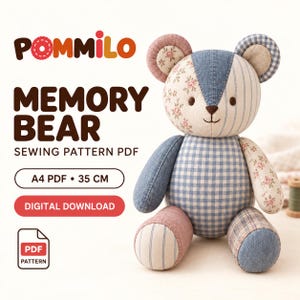 Memory Bear Sewing Pattern PDF, 35 cm Keepsake Teddy Bear, Patchwork Plush
