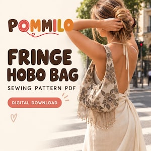 Könnte beinhalten: Eine Hobo-Tasche mit Blumenmuster und langen Fransen am unteren Rand. Der Text auf dem Bild lautet POMMILO FRINGE HOBO BAG SEWING PATTERN PDF DIGITAL DOWNLOAD. Die Tasche wird über der Schulter vor einem hellen Hintergrund getragen.
