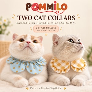 May include: Two cats wearing fabric collars. The left cat wears a light blue collar with gold polka dots and scalloped petals. The right cat wears a yellow and white gingham ruffled Peter Pan collar. Text reads: POMMILO TWO CAT COLLARS.