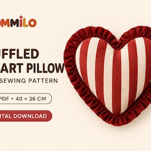 May include: A heart-shaped pillow with a red and white striped pattern and a dark red ruffled border. The text reads: POMMILO RUFFLED HEART PILLOW PDF SEWING PATTERN A4 PDF 40 x 36 CM DIGITAL DOWNLOAD. This is a digital sewing pattern for a heart pillow.