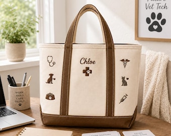 Vet Tech Tote Bag, Vet Med Student Gift, Animal Care Clinic Bag with Dog and Cat Icons