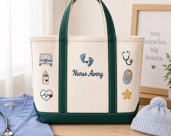 Custom Name NICU Nurse Tote Bag, Baby Footprint Nurse Gift, Personalized Hospital Work Tote
