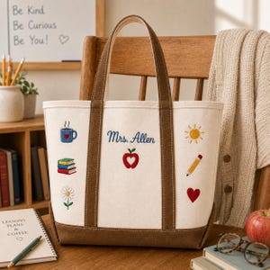 Bolso de mano personalizado para profesor, regalo de agradecimiento con nombre personalizado, bolso de lona con estampado floral para el aula, bolso de hombro para libros escolares.
