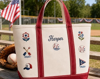 Custom Baseball Lake Tote Bag Personalized Name Sports Mom Gift Nautical Americana Carryall Beach Bag Boat Cruise Game Day Team ShoulderBag