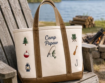 Custom Camping Grandpa Tote Bag Personalized Fishing Grandpa Gift Canvas Lake Camp Weekend Bag for Papaw Father Day Papa Travel Shoulder Bag