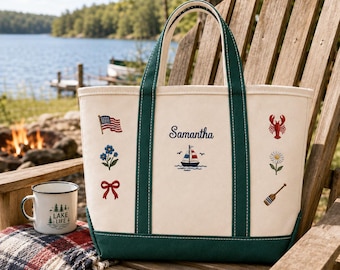 Custom Lake Tote Bag Personalized Name Sailboat Gift for Her Summer Lake Trip Bag Nautical Beach Tote Canvas Boat Cruise Travel ShoulderBag