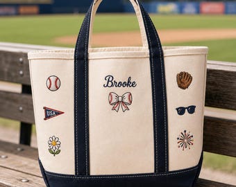Personalized Baseball Tote Bag, Custom Name Game Day Carryall with Baseball Bow Glove Pennant and Fireworks