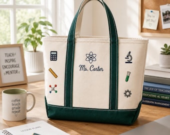 Custom STEM Teacher Tote Bag Personalized Science Teacher Gift Classroom Work Bag Minimal Lab Icons Canvas Chemistry Biology Shoulder Bag