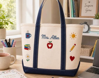 Custom Teacher Tote Bag Personalized Apple Classroom Gift for Teacher Appreciation Book Bag for School Work Canvas Kindergarten Shoulder Bag