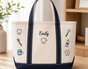 Dental Hygienist Tote Bag with Name, Personalized RDH Gift, Embroidered Canvas Dental Assistant Work Bag, Dental Hygiene Graduation Gift
