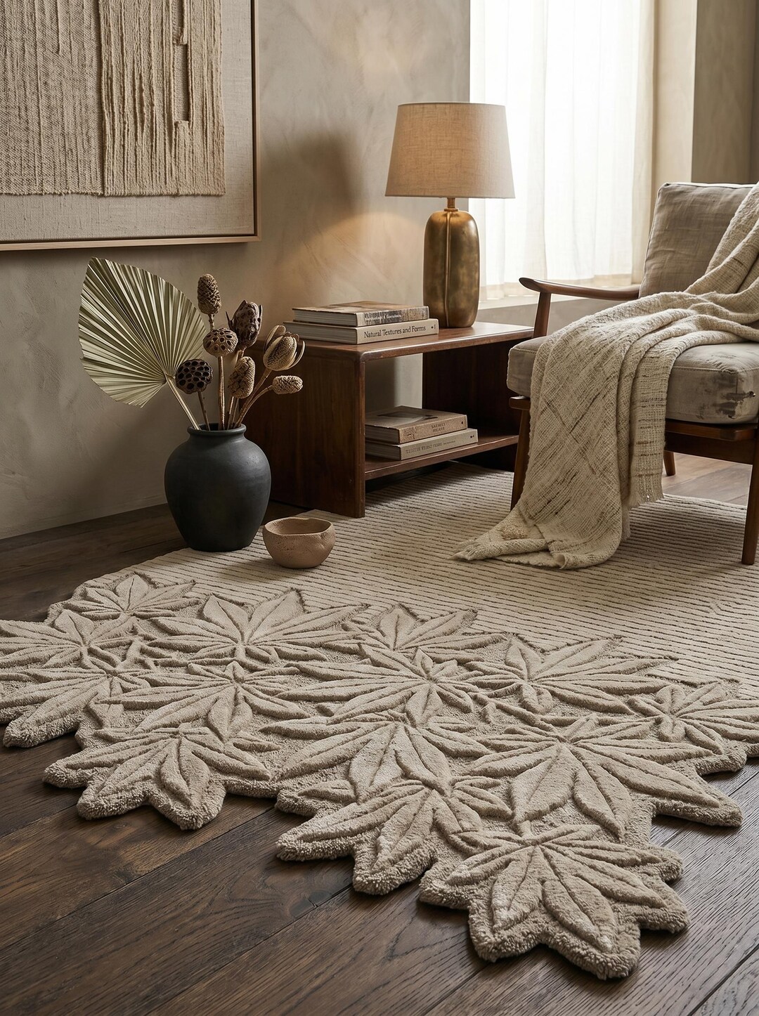Hand Tufted Wool Maple Leaf Rug, Neutral Beige Japandi Carpet, Organic ...