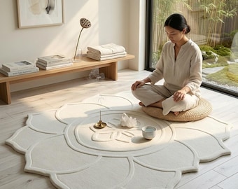 May include: A cream-colored, lotus flower-shaped rug with a raised design. A woman sits on a round, woven cushion on the rug. A small bowl, a crystal, and a brass incense holder are on the rug.
