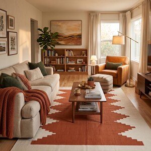 May include: A living room featuring a beige sofa with a rust-colored knit throw, a wooden coffee table, a tan leather armchair with a green pillow, and a large area rug with a geometric rust and cream pattern and fringed edges on the floor.