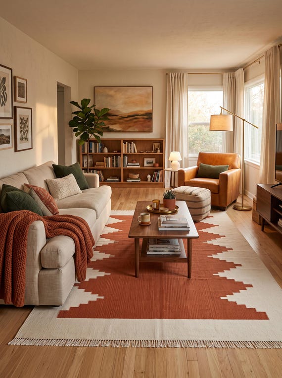 Geometric Terracotta and Ivory Area Flat Weave Rug – Boho Living Room Decor Dhurrie