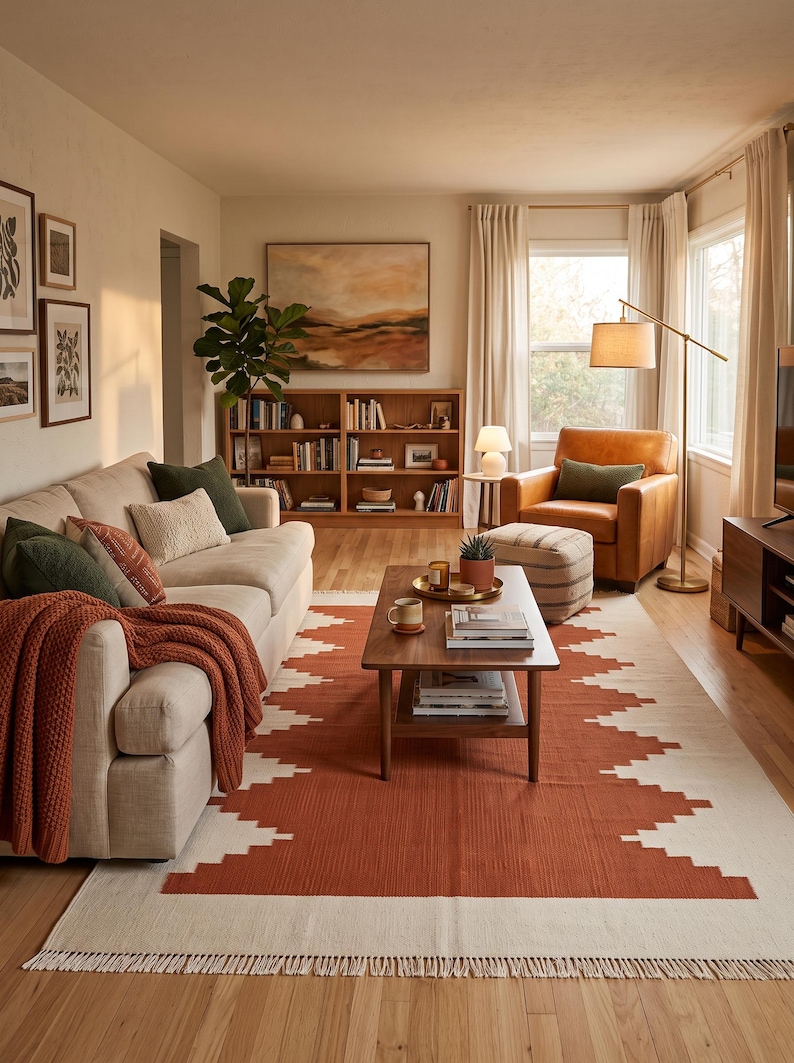 May include: A living room featuring a beige sofa with a rust-colored knit throw, a wooden coffee table, a tan leather armchair with a green pillow, and a large area rug with a geometric rust and cream pattern and fringed edges on the floor.
