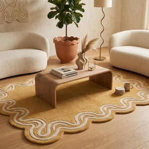 Mosterdgeel golvend vloerkleed | Getuft wollen tapijt, minimalistisch boho-vloerkleed woonkameraccent