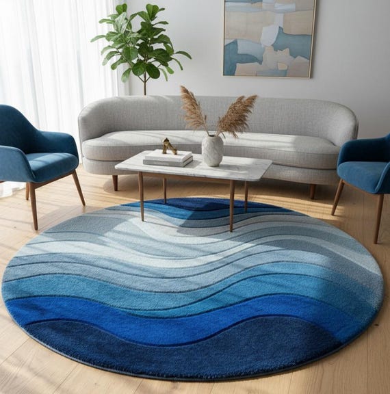 3D strukturierte Welle rund Teppich | Blau Farbverlauf Ocean Shag Teppich | Moderner Teppich mit Ombre Muster