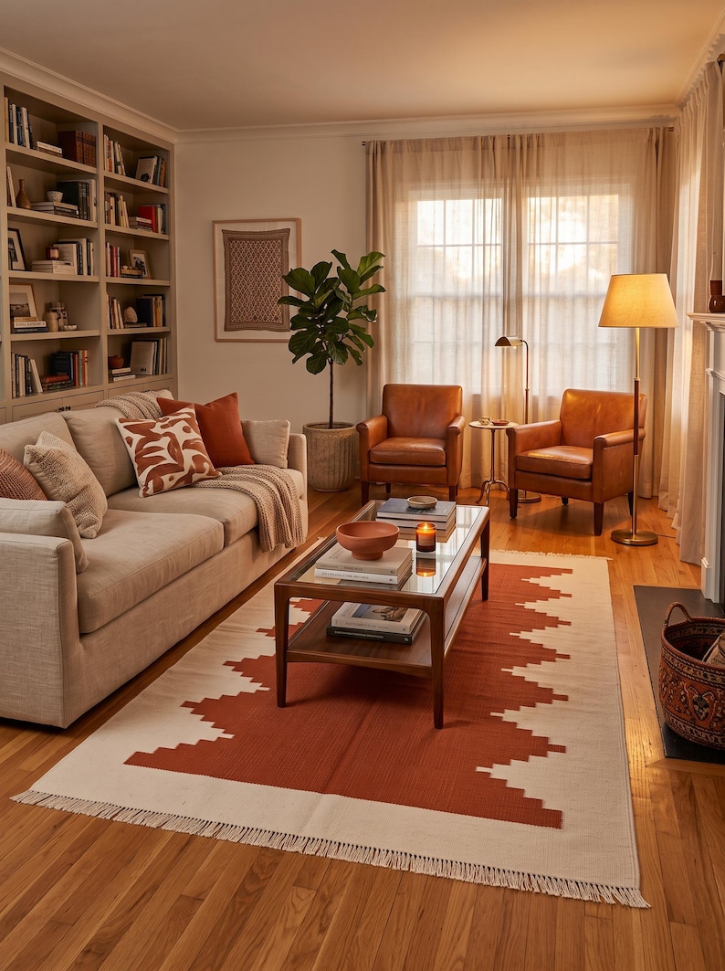 May include: A living room featuring a beige sofa with patterned pillows, two brown leather armchairs, and a wooden coffee table with a glass top. A large area rug with a geometric rust-colored pattern and fringe sits on the hardwood floor.