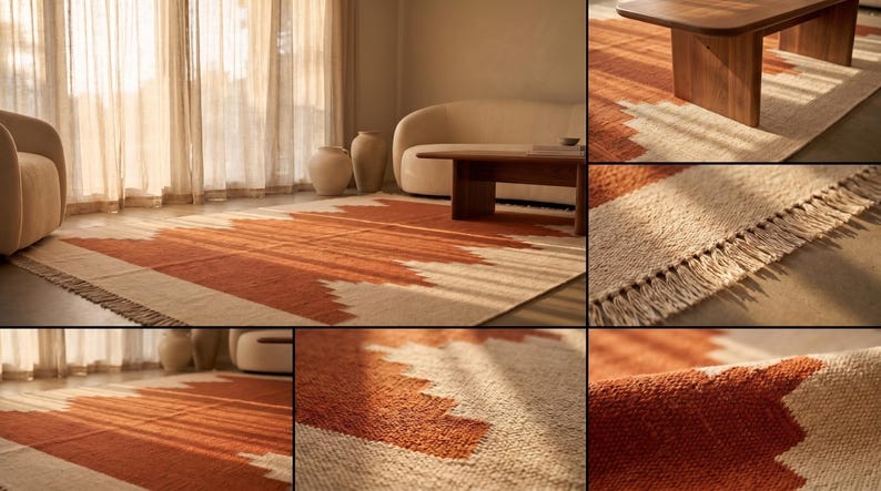 May include: A rectangular area rug featuring a geometric pattern in burnt orange and cream. The rug has a textured, woven surface with short fringe detailing along the edges, showcasing a repeating jagged or stepped design across the fabric.