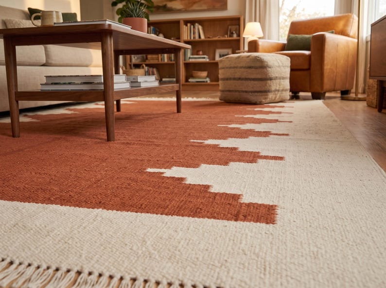 May include: A rectangular area rug featuring a two-tone geometric pattern with a large terracotta-colored center and cream-colored borders. The rug has a woven texture and is finished with short, cream-colored fringe along the short edge.