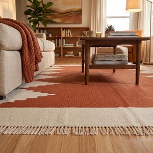May include: A rectangular area rug featuring a burnt orange center with a white geometric zigzag border and a fringed edge. The rug is woven with a textured surface and is positioned on a light-colored wooden floor beneath a wooden coffee table.