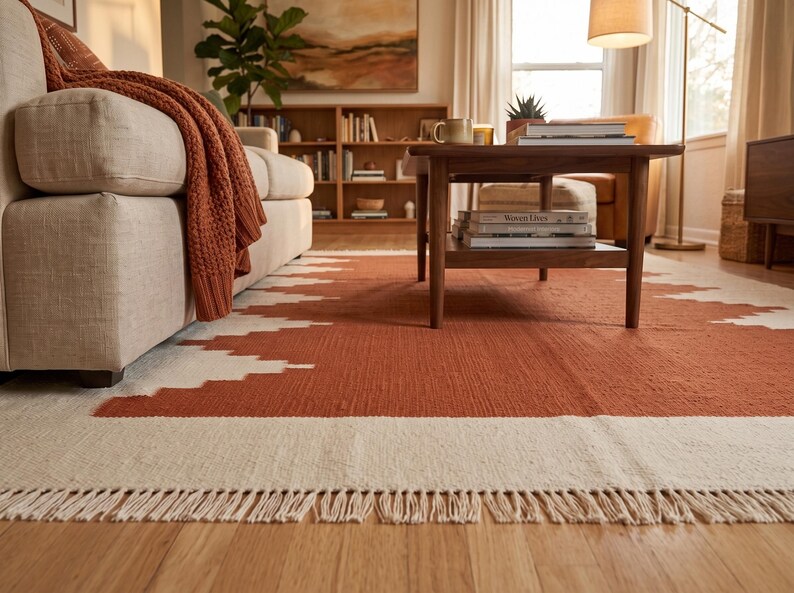 May include: A rectangular area rug featuring a burnt orange center with a white geometric zigzag border and a fringed edge. The rug is woven with a textured surface and is positioned on a light-colored wooden floor beneath a wooden coffee table.