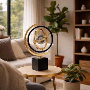 Peut inclure: Une sculpture décorative en métal doré et noir avec un globe en verre transparent au centre. La sculpture est montée sur une base carrée noire. Le design présente des cercles et des arcs concentriques, créant un aspect moderne et artistique.