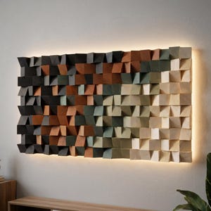 Handmade Geometric Wall Art, Large 3D Mosaic Block Decor, Modern Acoustic Panel for the Living Room, Office Gift