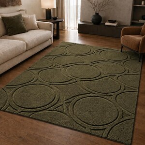 Olive Green Geometric Area Rug, Textured Abstract Circles Carpet, Modern Living Room Floor Rug