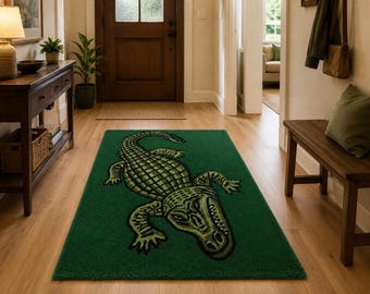 Handmade Alligator Tufted Rug, Green Crocodile Wildlife Carpet